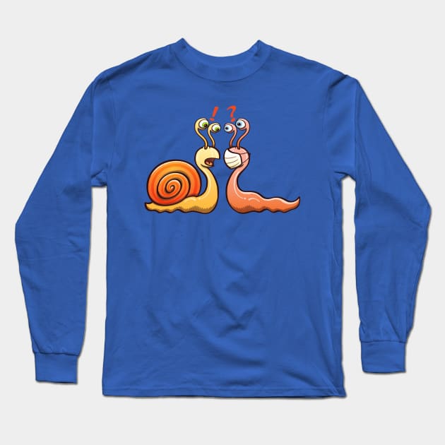 A snail carrying its shell and a slug wearing a face mask have an encounter Long Sleeve T-Shirt by zooco